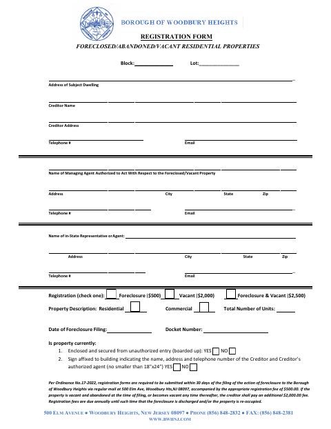 First page of the Foreclosed, Abandoned, or Vacant Residential Property Registration Form