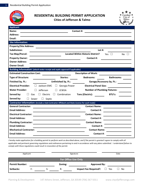 First page of the Residential Building Permit Application