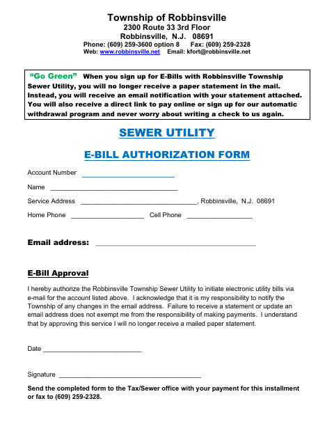 First page of the Sewer Utility E-Bill Registration