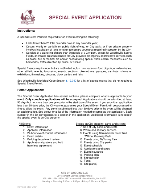 First page of the Special Event Application