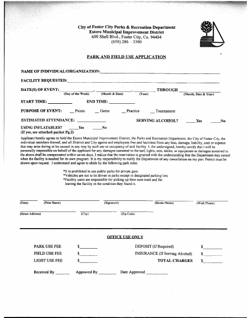 First page of the Park Use Permit Application