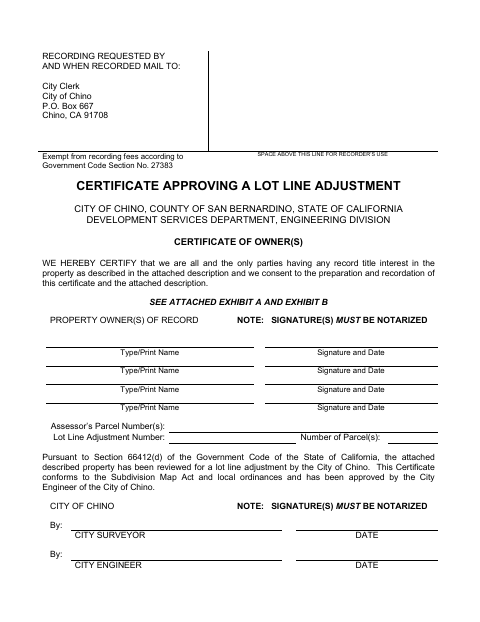 First page of the Certificate Approving a Lot Line Adjustment