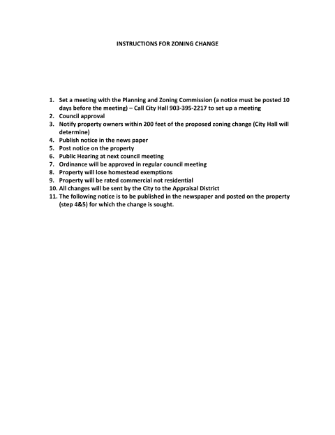 First page of the Zoning Change Instructions and Notice
