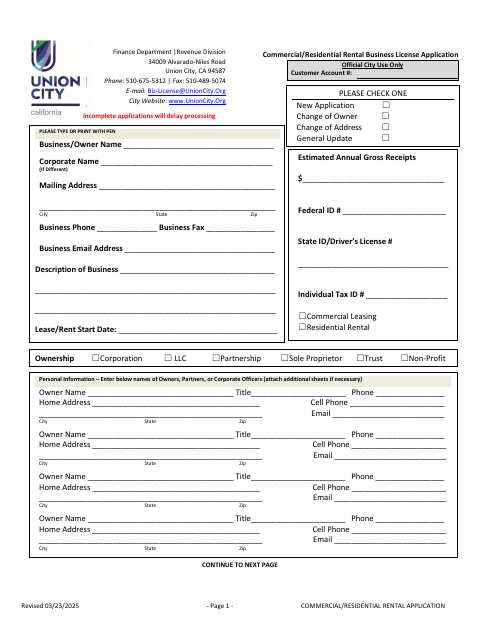 First page of the Commercial/Residential Rental Application
