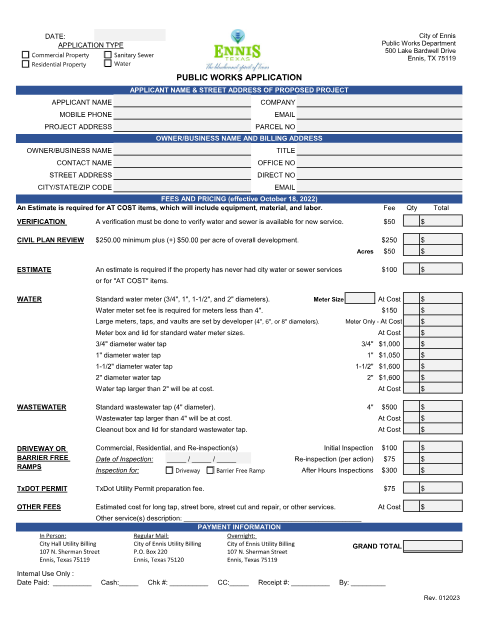 First page of the Public Works Application