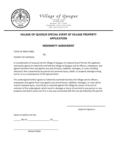 First page of the Special Event of Village Property Application Indemnity Agreement