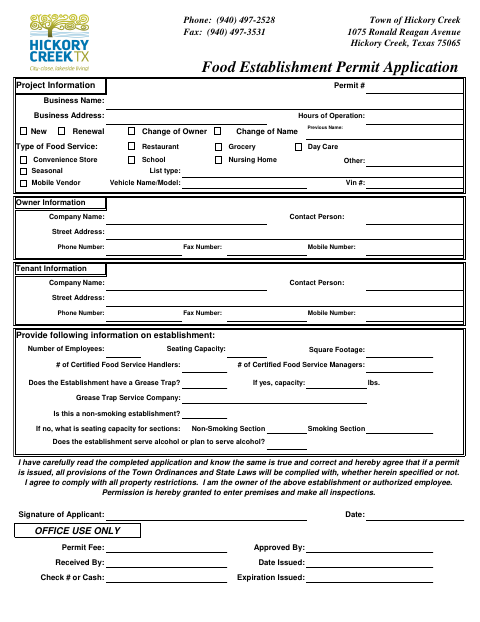 First page of the Food Establishment Permit Application