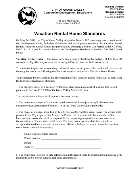 First page of the Vacation Rental Home Standards