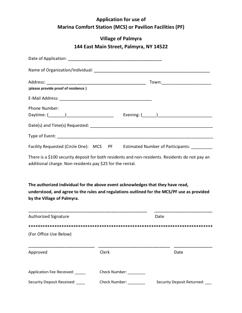 First page of the Marina and Pavilion Rental Application
