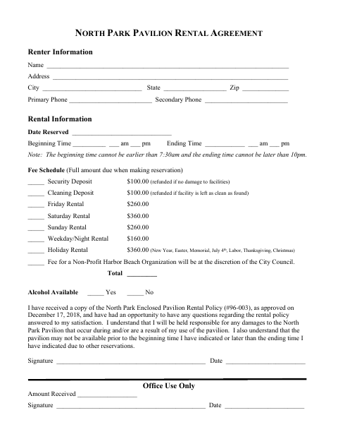 First page of the North Park Pavilion Rental Agreement