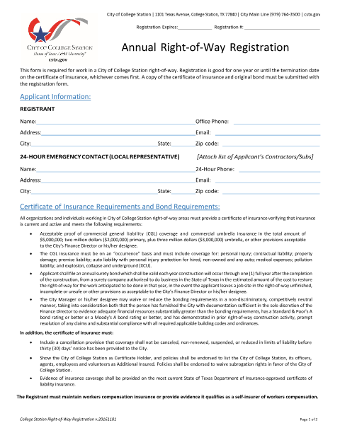 First page of the Annual Right-of-Way Registration