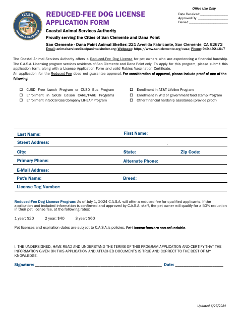 First page of the Reduced-Fee Dog License Application Form