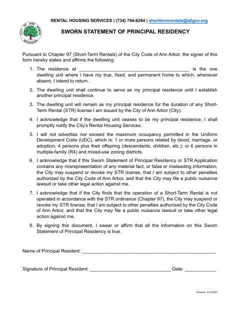 First page of the Sworn Statement of Principal Residency (Short-Term Rental)