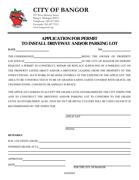 First page of the Application for Permit to Install Driveway and/or Parking Lot