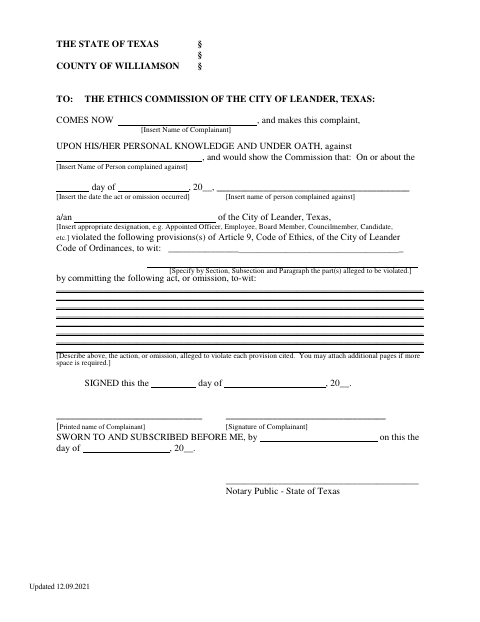 First page of the Ethics Complaint Form