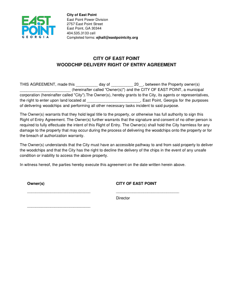 First page of the Woodchip Delivery Right of Entry Agreement