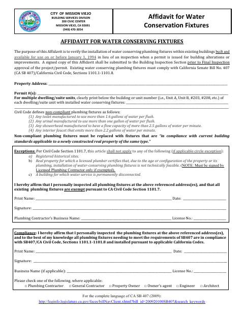 First page of the Affidavit for Water Conservation Fixtures