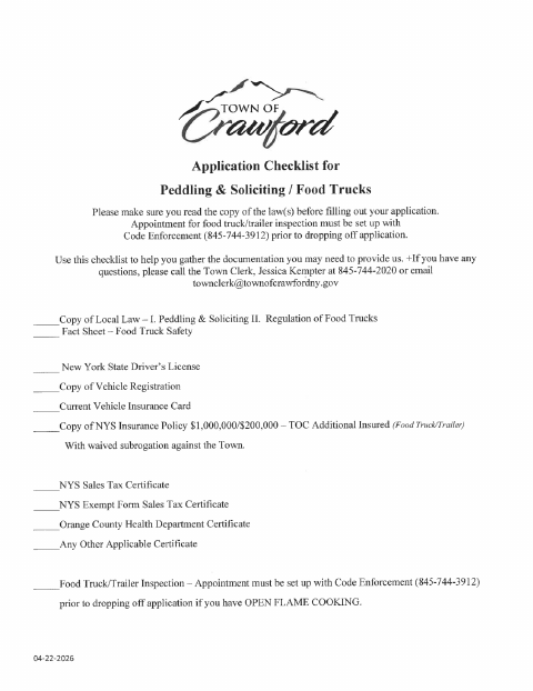 First page of the Food Truck and Peddlers Permit Application