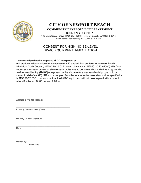 First page of the Consent for High Noise-Level HVAC Equipment Installation