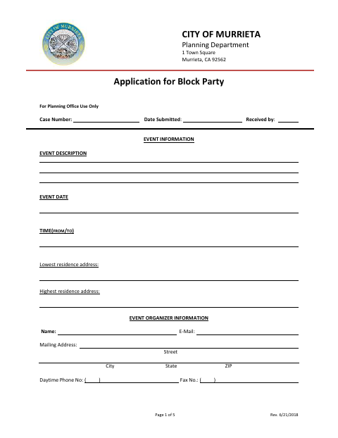 First page of the Application for Block Party