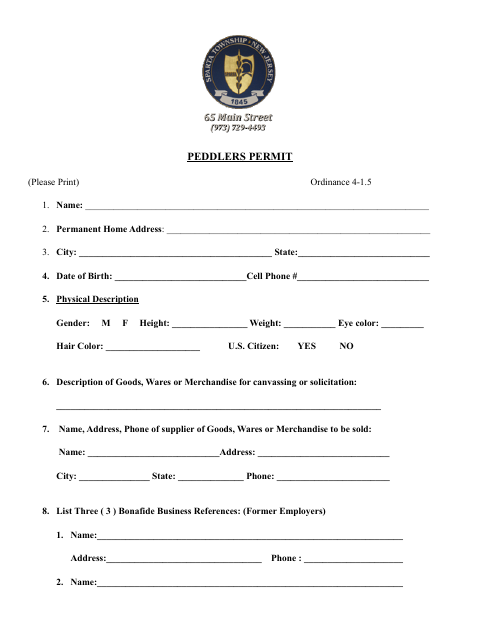 First page of the Peddler's Permit
