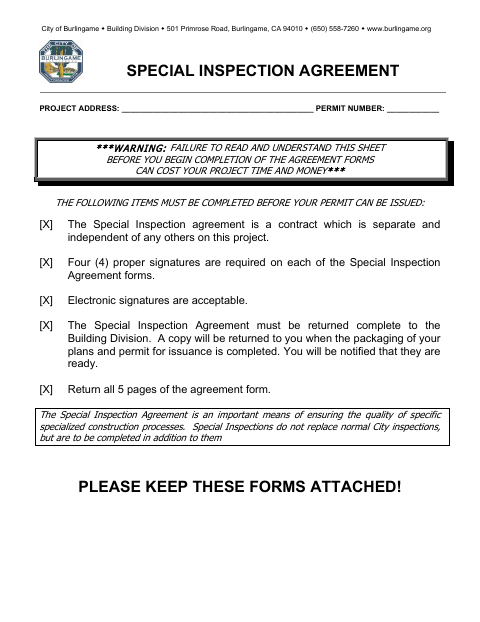 First page of the Special Inspection Agreement
