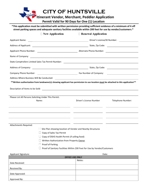 First page of the Itinerant Vendor, Merchant, Peddler Application