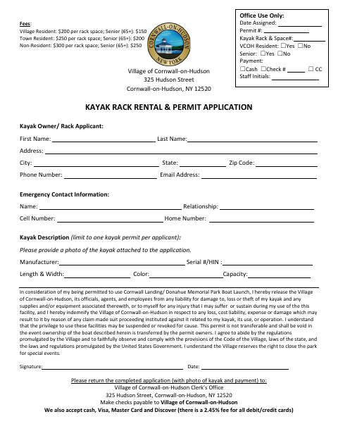 First page of the Kayak Rack Rental & Permit Application