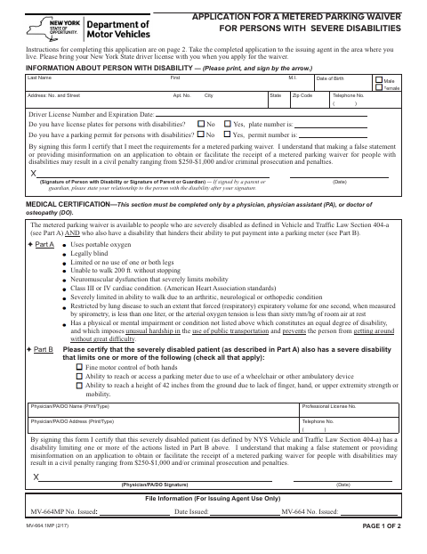 First page of the Application for a Metered Parking Waiver for Persons With Severe Disabilities