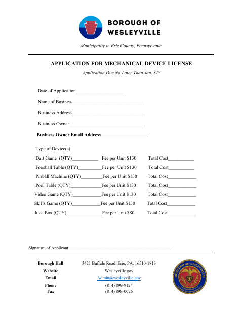 First page of the Application for Mechanical Device License