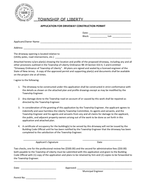 First page of the Application for Driveway Construction Permit