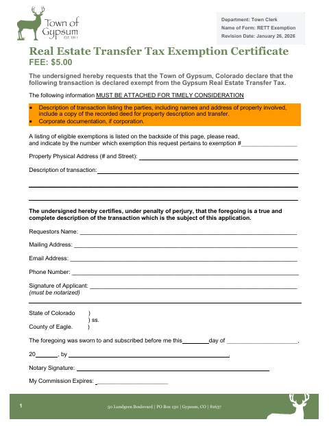 First page of the Real Estate Transfer Tax Exemption Certificate