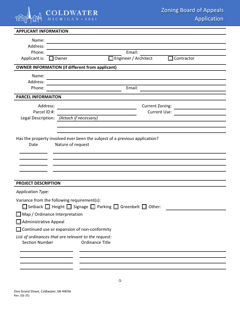 First page of the Zoning Board of Appeals Application