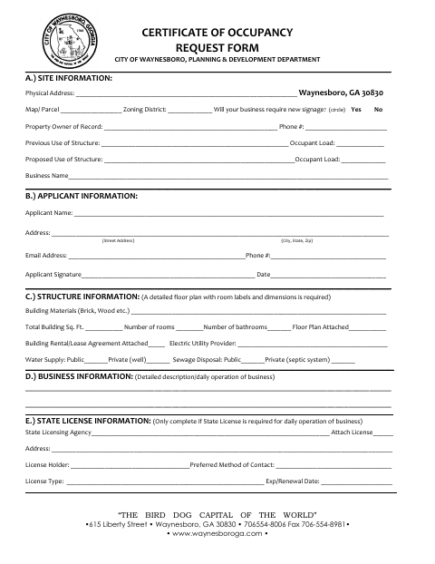First page of the Certificate of Occupancy Request Form