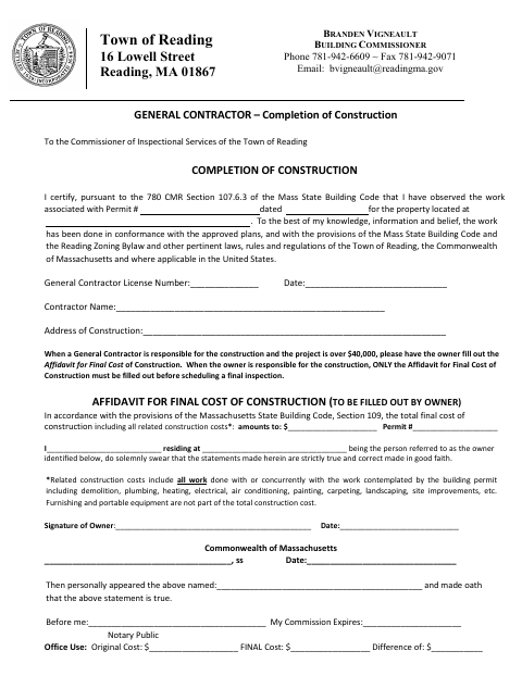 First page of the Completion of Construction and Final Construction Cost Affidavit
