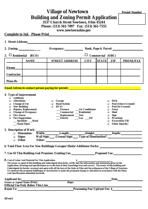 First page of the Building and Zoning Permit Application