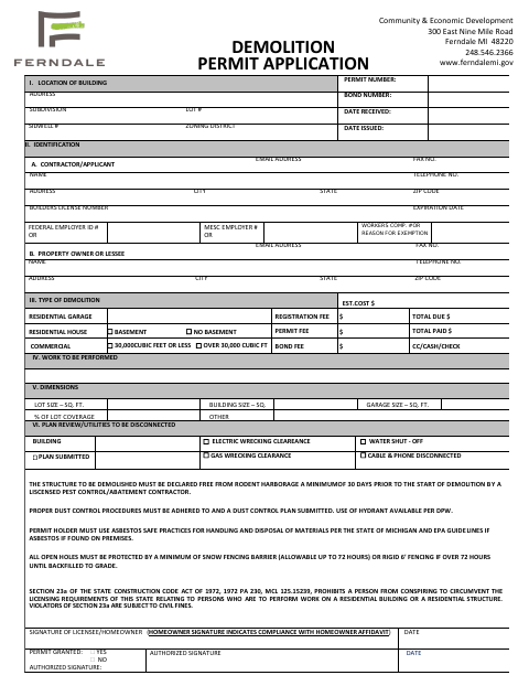 First page of the Demolition Permit Application