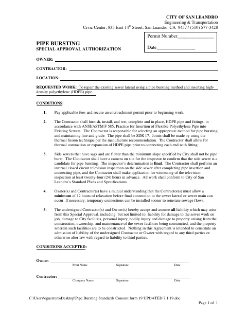 First page of the Pipe Bursting Special Approval Authorization