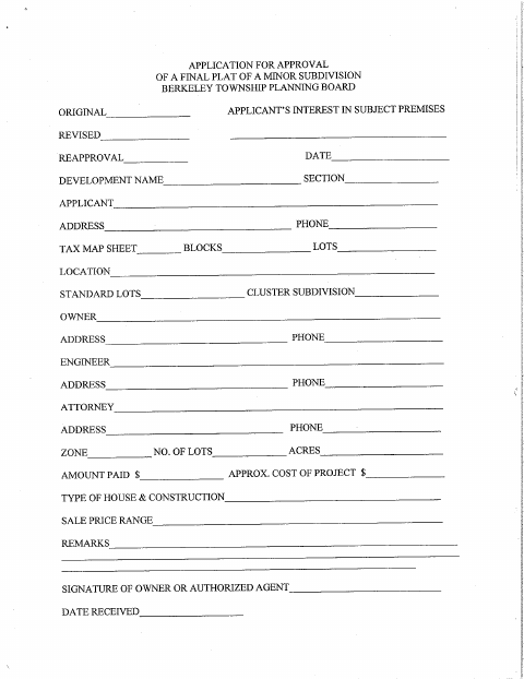 First page of the Application for Approval of a Final Plat of a Minor Subdivision