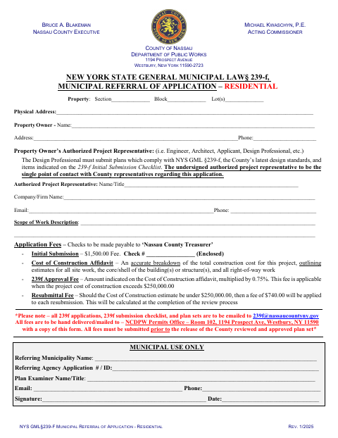First page of the NYS General Municipal Law 239-F Residential Municipal Referral Application