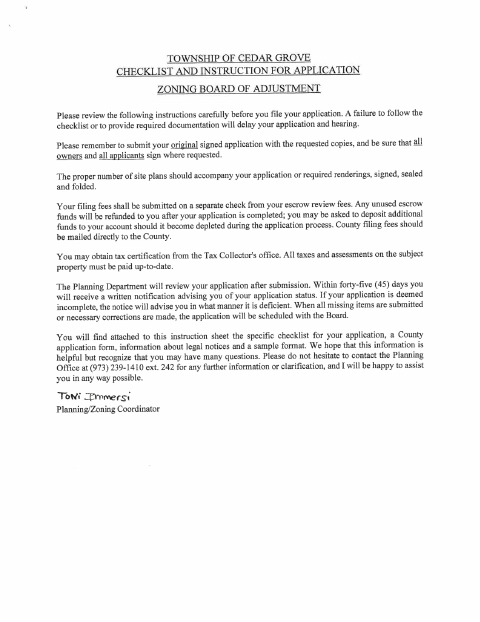 First page of the Zoning Board of Adjustment Application
