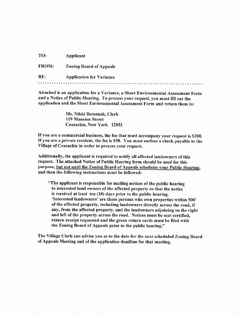 First page of the Application for Variance