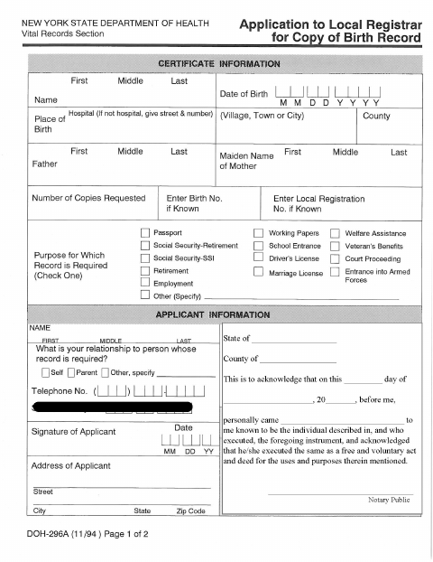 First page of the Application for Copy of Birth Record