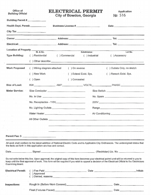 First page of the Electrical Permit Application