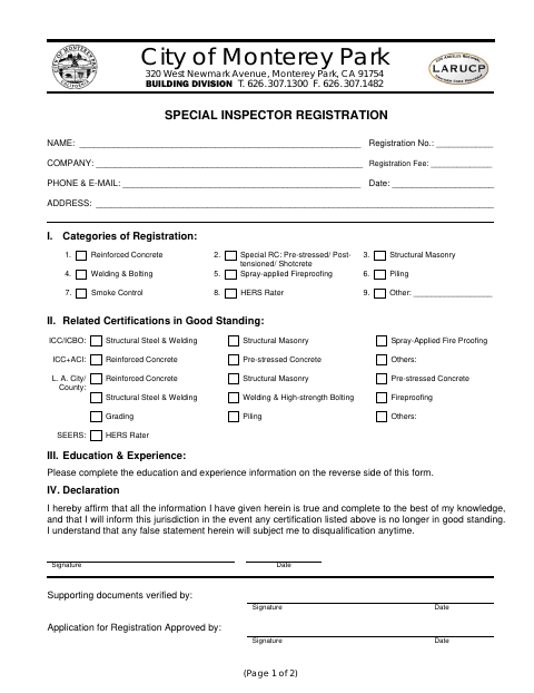First page of the Special Inspector Registration