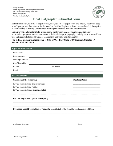 First page of the Final Plat/Replat Submittal Form