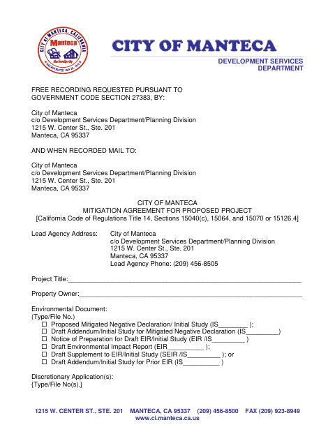 First page of the Negative Declaration Mitigation Measure Agreement