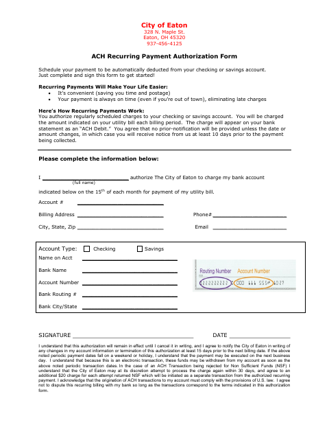 First page of the ACH Recurring Payment Authorization Form