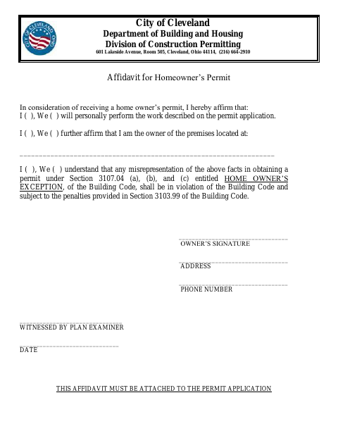 First page of the Affidavit for Homeowner's Permit