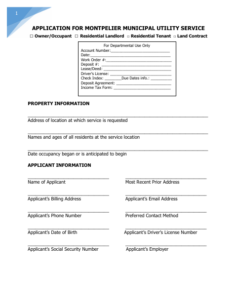 First page of the Application for Municipal Utility Service